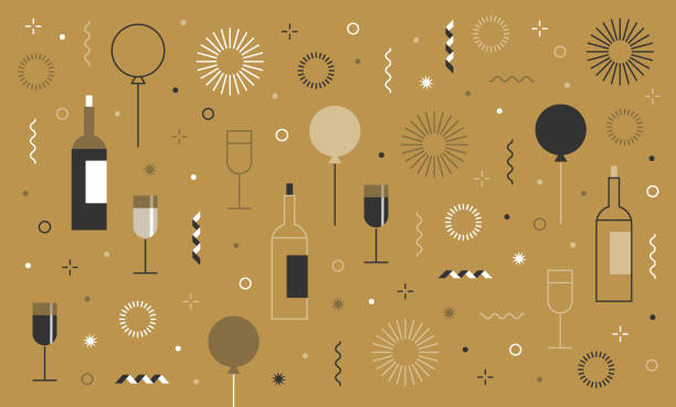 illustrazioni stock, clip art, cartoni animati e icone di tendenza di capodanno festa festa compleanno sfondo e set di icone - vino illustrazioni