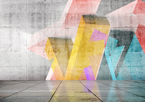 Empty room with colorful geometric graffiti, 3d