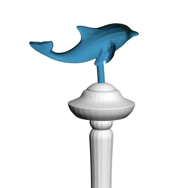 Vector illustration of Model of a polygonal blue dolphin on a metal pipe. 3D. Vector illustration