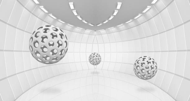 istock Illustration of 3D gray crystall ball sphere  on decorative lighting background empty room  waves wallpaper. Graphical abstract mural modern art . 1272398523