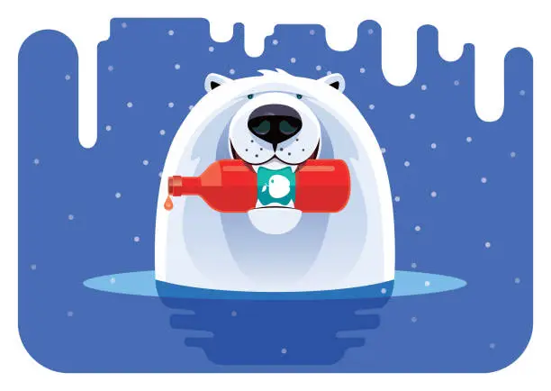 Vector illustration of polar bear holding apple juice bottle