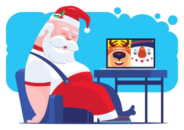 Vector illustration of sleepy Santa Claus video chatting with friends