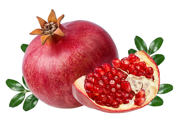 istock Pomegranate with leaves isolated on white background with clipping path 1272401916
