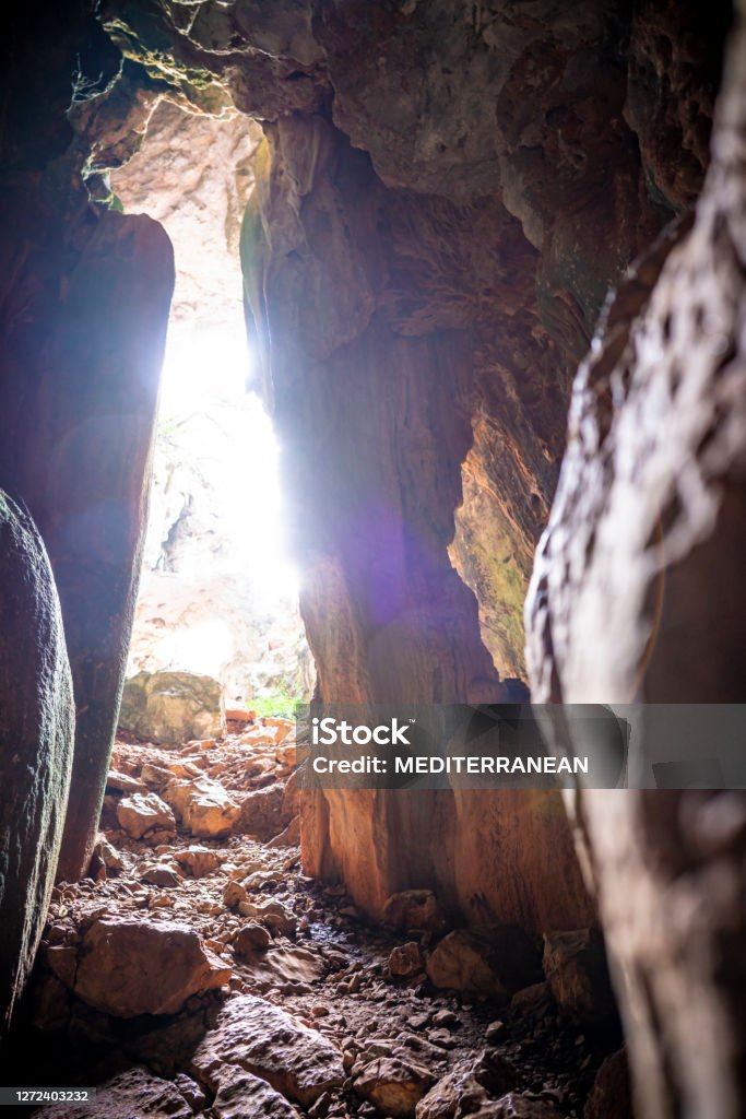Montgo mountain cave El Gamell in Denia and Javea of Alicante Montgo mountain cave El Gamell in Denia and Javea of Alicante of Spain Adventure Stock Photo