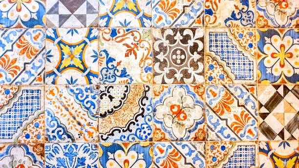 Typical colorful sicilian floor and wall tiles in different patterns and design