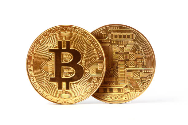 Global digital currency. Stock photo. Baku, Azerbaijan - September 14, 2020: Two sides of a Bitcoin. Isolated on white white background. caucasus photos stock pictures, royalty-free photos & images