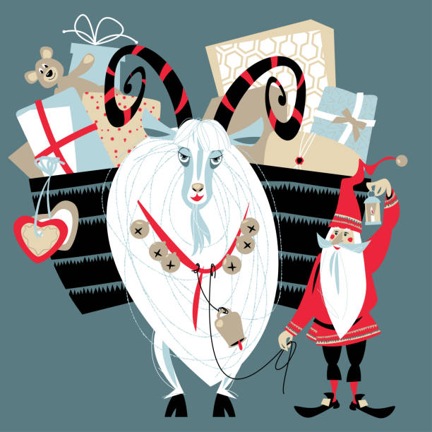 ilustraciones, imágenes clip art, dibujos animados e iconos de stock de gnomo de navidad y cabra yule con una cesta de regalo. tradición navideña escandinava. - cesta de navidad