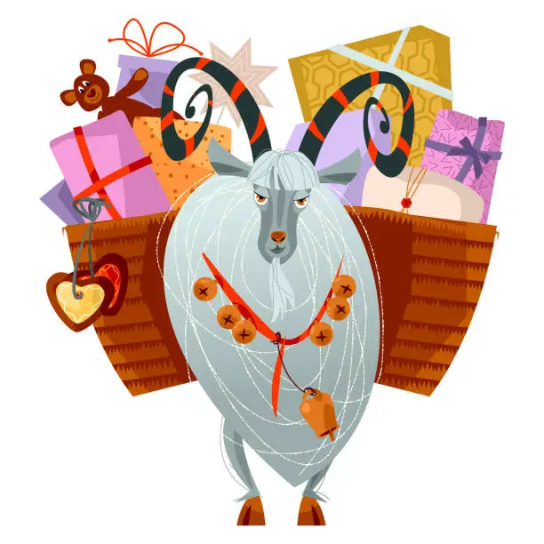 Vector illustration of Yule goat (Christmas symbol) with a gift basket. Scandinavian Christmas tradition.