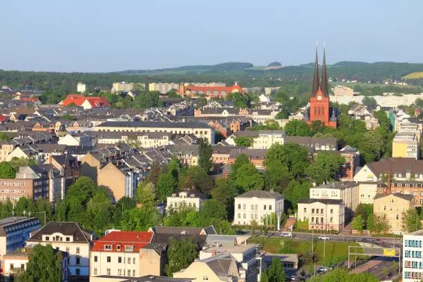 Chemnitz city, Germany. Urban aerial view in warm sunset light of Sonnenberg district.