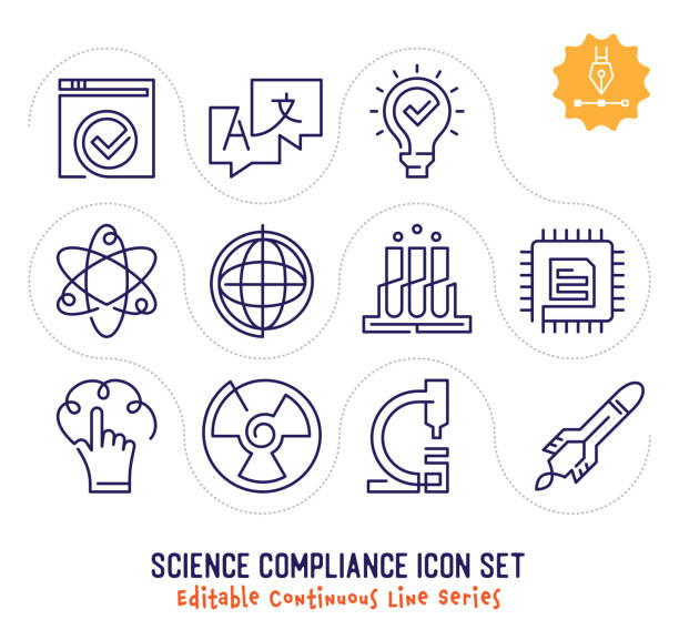 Science Compliance Editable Continuous Line Icon Pack Science compliance vector icons set for logo, emblem or symbol use. This collection is part of single line minimalist drawing series with editable strokes. atom illustrations stock illustrations
