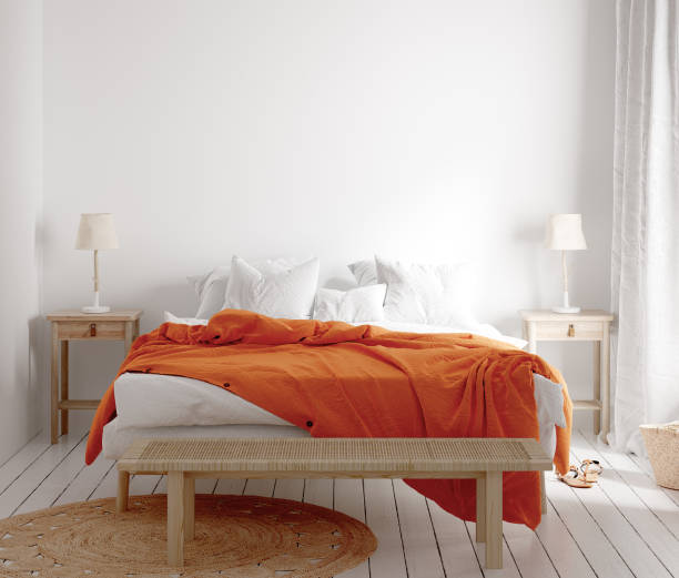 istock Scandi–Boho bedroom interior background, wall mockup 1272409718