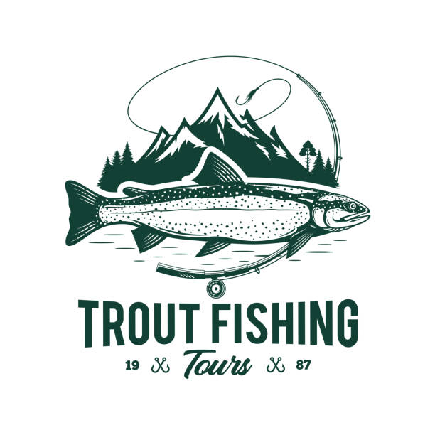 Vector mountain lake trout fishing symbol Vector fishing symbol with trout fish, fishing rod, line, hook and mountains. Fishing tournament, tour and camp illustrations fishing line illustrations stock illustrations