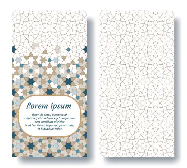 Vector illustration of Arabic wedding double card for invitation, celebration, save the date, performed in arabic geometric tile. Colofrul vector template