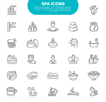 Beauty Spa, Body Care, Aromatherapy, Bamboo - Plant, Bathtub, Outline Icon Set