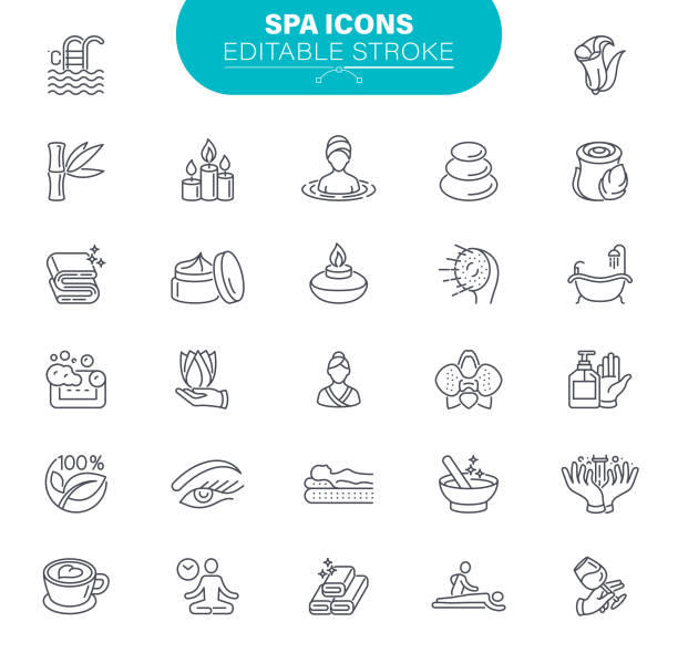 SPA Icons Editable Stroke Beauty Spa, Body Care, Aromatherapy, Bamboo - Plant, Bathtub, Outline Icon Set spa stock illustrations