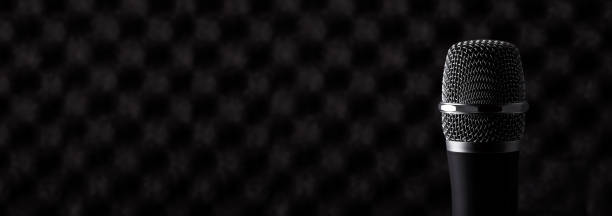istock Wireless microphone closeup on foam acoustic background 1272417063