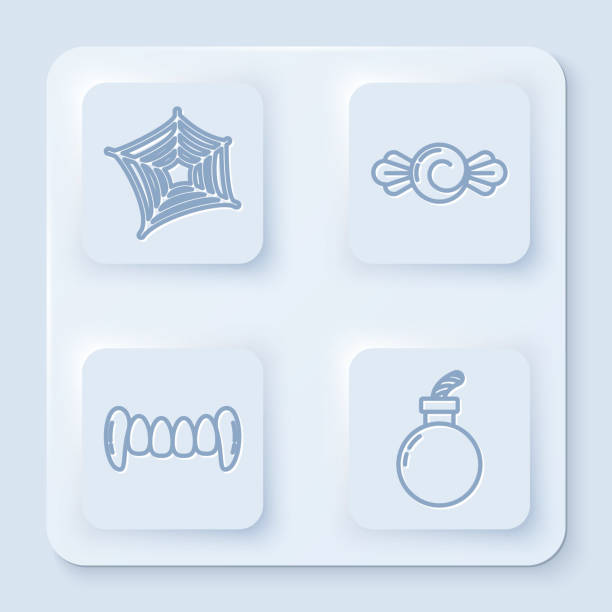 Set line Spider web , Candy , Vampire teeth and Bomb ready to explode . White square button. Vector Set line Spider web , Candy , Vampire teeth and Bomb ready to explode . White square button. Vector sugar trap stock illustrations