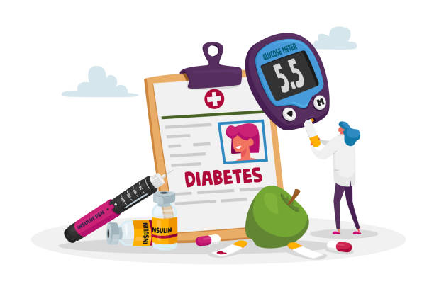 winzige arzt einfügen probe mit blut in digitale glukose-meter zur kontrolle von diabetes-krankheit. medizinflasche, insulin - diabetes stock-grafiken, -clipart, -cartoons und -symbole