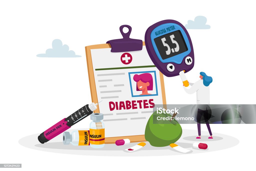 작은 닥터는 당뇨병 병을 통제하기 위하여 디지털 포도당 미터에 혈액을 가진 견본을 삽입합니다 의학 병 인슐린 당뇨병에 대한 스톡 벡터  아트 및 기타 이미지 - Istock