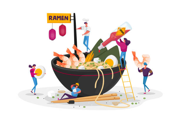 Tiny Male and Female Characters Cooking and Eating Ramen or Pasta, People Put Condiments in Huge Bowl with Noodles Tiny Male and Female Characters Cooking and Eating Ramen or Pasta, People Put Condiments in Huge Bowl with Noodles, Shrimps and Eggs, Pour Sauce. Asian Food, Chopsticks. Cartoon Vector Illustration large pasta pot stock illustrations