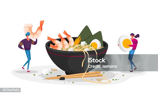istock Chinese Food, Tiny Characters Bring Ingredients to Huge Bowl with Ramen Noodles. Man and Woman in Asian Restaurant 1272421452