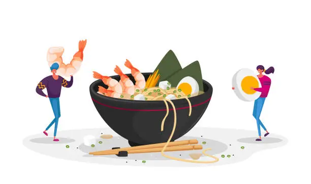 Vector illustration of Chinese Food, Tiny Characters Bring Ingredients to Huge Bowl with Ramen Noodles. Man and Woman in Asian Restaurant