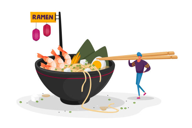 Man Holding Huge Wooden Chopsticks in Chinese Fast Food Restaurant Standing at Bowl with Ramen Noodles in Asian Cafe Man Holding Huge Wooden Chopsticks in Chinese Fast Food Restaurant Standing at Bowl with Ramen Noodles. Male Character in Asian Cafe, Traditional Fastfood Lunch Meal. Cartoon Vector Illustration large pasta pot stock illustrations