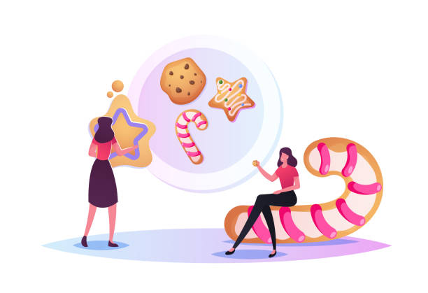 ilustraciones, imágenes clip art, dibujos animados e iconos de stock de tiny characters baking huge christmas bakery cutting, galletas de masa cruda y hacer dulces. vacaciones en navidad o año nuevo - candy cane christmas cookie raw food