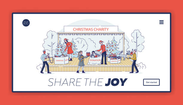 Christmas donation and charity landing page template for volunteering website Christmas donation and charity landing page template for volunteering website with people donating toys for poor kids for winter holidays celebration. Linear vector illustration poor christmas stock illustrations