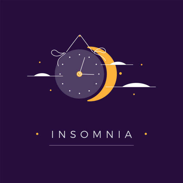 illustrazioni stock, clip art, cartoni animati e icone di tendenza di illustrazione di insonnia. crescent, stelle, nuvole, orologio simboleggiano la luna su sfondo paesaggio cielo blu scuro di notte. disturbo del sonno, concetto di insonnia con testo. illustrazione vettoriale in design piatto - bedtime