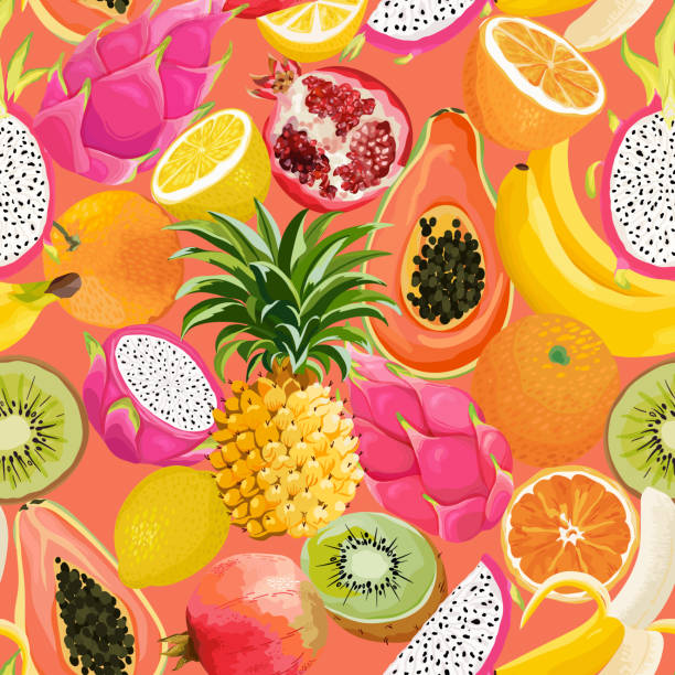 ilustraciones, imágenes clip art, dibujos animados e iconos de stock de patrón sin costuras con frutas tropicales. plátano, naranja, limón, piña, fondo de fruta de dragón para textil, textura de moda, papel pintado en vector - frutas tropicales