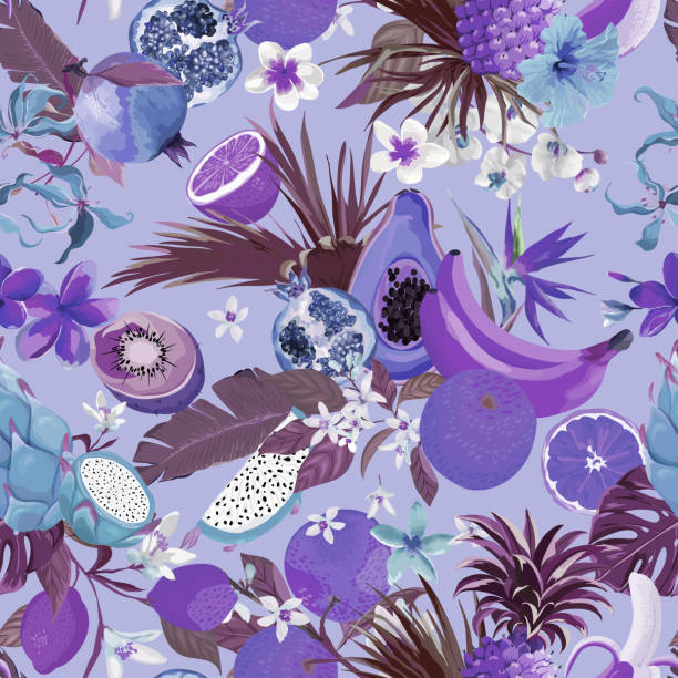 istock Seamless monochrome pattern with tropical fruits and flowers. Banana, Orange, Lemon, Pineapple, Dragon fruit background for textile, fashion texture, wallpaper in vector 1272422406