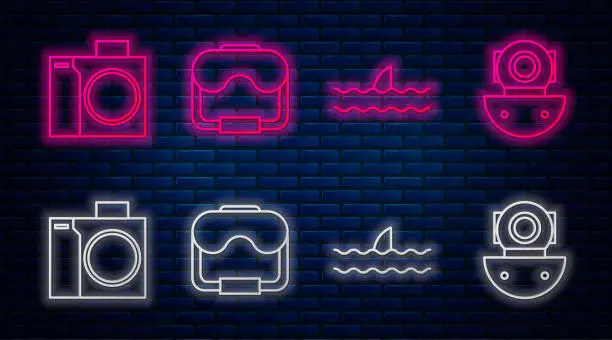 Vector illustration of Set line Diving mask, Shark fin in ocean wave, Photo camera for diver and Aqualung. Glowing neon icon on brick wall. Vector