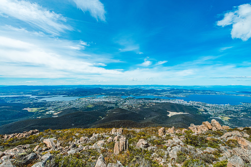 View from top of Mt.Wellington overlooking Hobart city, Tasmania island, Australia.