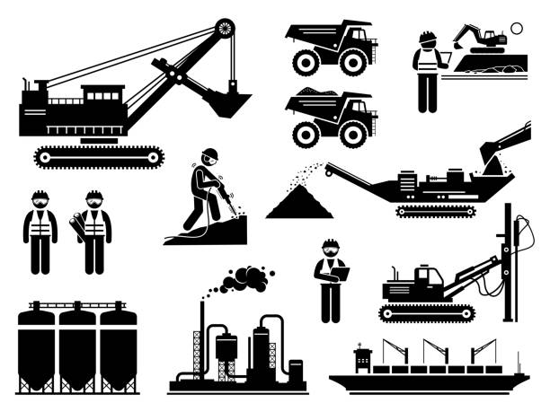 ilustrações de stock, clip art, desenhos animados e ícones de mining quarry site workers and heavy machinery icons set. - mining engineer oil industry construction site