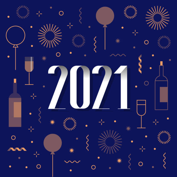 新年卡 2021 與煙花, 紙屑, 氣球。 - 新年前夜 插圖 幅插畫檔、美工圖案、卡通及圖標