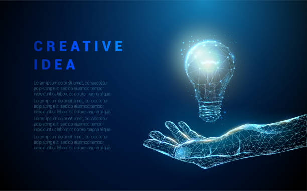 Low poly abstract hand holding light bulb. Abstract hand holding light bulb. Low poly style design. Blue geometric background. Wireframe light connection structure. Modern 3d graphic concept. Isolated vector illustration. copyright symbol 3d stock illustrations