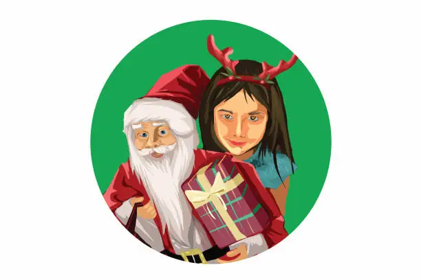 Vector illustration of Beautiful young girl and Santa Claus