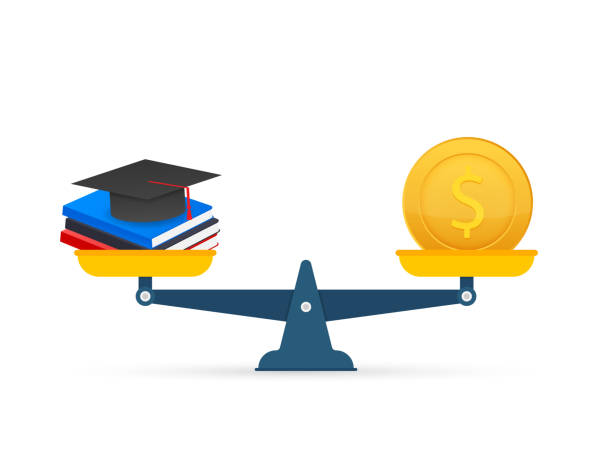 ilustrações de stock, clip art, desenhos animados e ícones de concept of investment in education with coins books and scales. vector stock illustration. - coin stacking vector part of