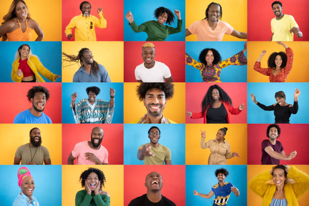 Action portraits of diverse black people smiling Composite image of many candid actions portraits of large group of black ethnic people dancing, laughing and having fun. man and woman differences stock pictures, royalty-free photos & images