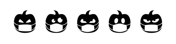 halloween pumpkin vector isolated in face mask. coronavirus quarantine. season greeting. black icon symbol sign white background october autumn. halloween pumpkin vector isolated in face mask. coronavirus quarantine. season greeting. black icon symbol sign on white background october autumn. creepy glowing eyes stock illustrations
