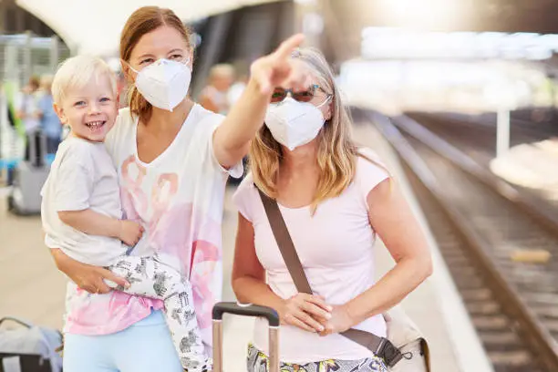 A senior woman with a facemask or surgical mask is standing at the train station with her daughter who is holding her son in her arms, the little boy is happy when his mom shows him the arriving train, photographed in high resolution in color with copy space