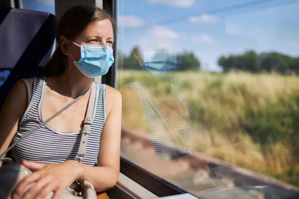 A middle aged woman looks out the window while wearing a protective mask or surgical mask and sitting on a train, high-resolution photographed with copy space