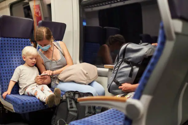 A blond little boy is sitting next to his mother, who is wearing a protective mask or surgical mask, on the train and is looking at a smartphone or cell phone with her, photographed with copy space and in high resolution