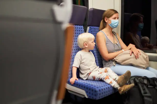 A blond little boy sits next to his mother, who is wearing a protective mask or surgical mask, on the train and looks out the window in the Night. photographed with copy space and in high resolution