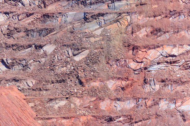 istock Close-up of red mining levels at iron ore quarry. Open-cast mine, open pit. Background, texture 1272438634