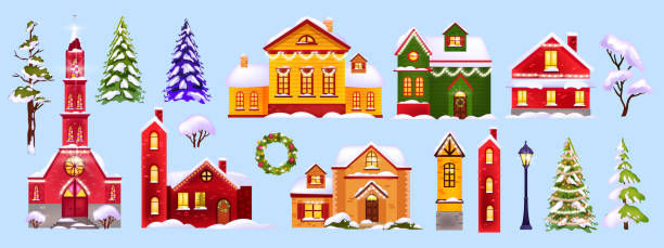 illustrazioni stock, clip art, cartoni animati e icone di tendenza di l'inverno natalizio ospita la collezione di illustrazioni con neve, architettura del villaggio, alberi, lampioni. - church in the snow