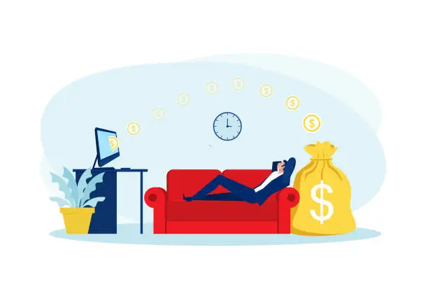 Vector illustration of businessman sitting on sofa , relaxing and making money passively. Finance, investment, wealth, passive income.concept work office