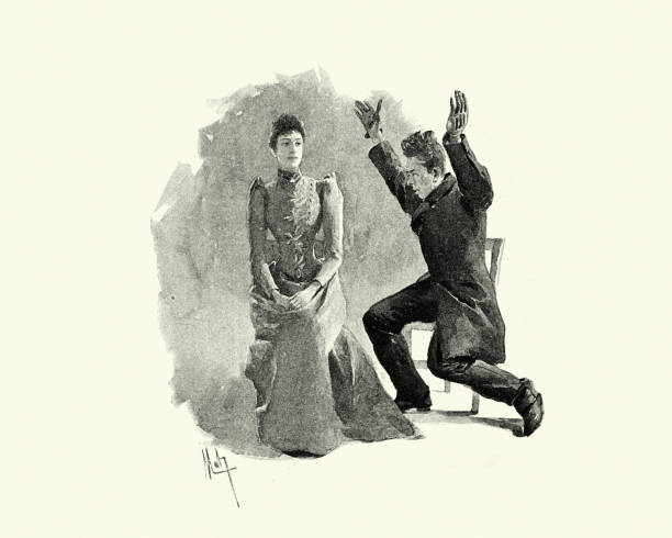 Vintage illustration scene from Colinet by Jules Claretie, 1890, 19th Century.  Woman trying to ignore a man showing off, Victorian 19th Century