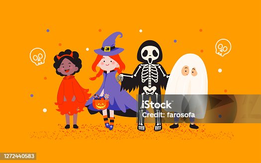istock Kids in Halloween costumes party vector illustration. Group of Devil, Witch, Skeleton man and Spooky Ghost isolated on orange background 1272440583